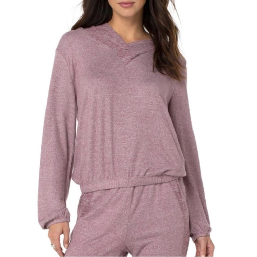 NWT Liverpool Jeans Co Split Neck Hoodie Mauve Heather Spacedye